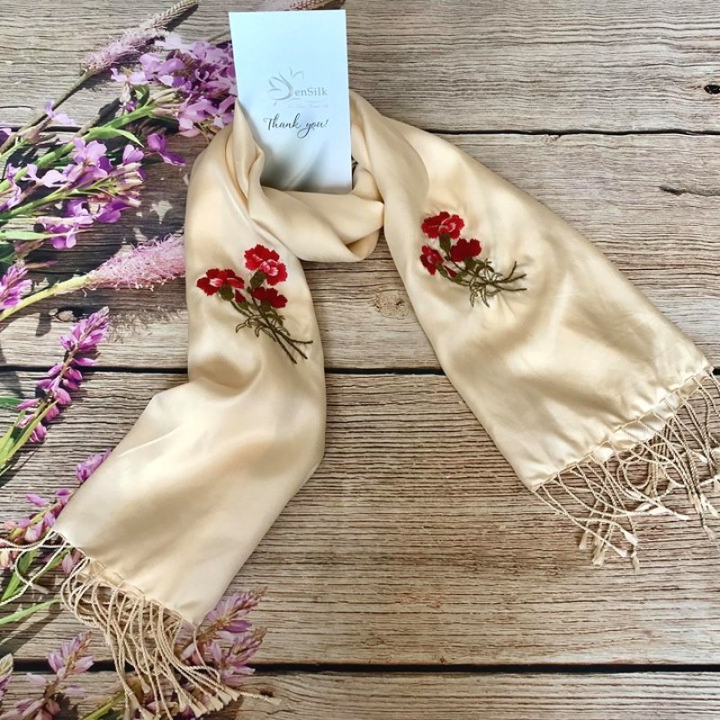 Khăn Lụa Thêu Thủ Công Hoa Cẩm Chướng SenSilk - Silk Embroidery Scarves