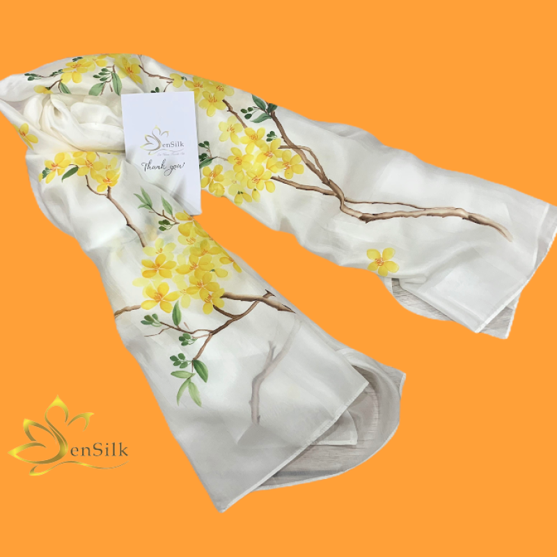 Khăn Lụa Quà Tặng Cao Cấp Việt Nam Vẽ Tay Mai Vàng - SenSilk Hand Painted