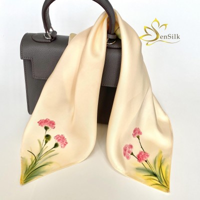 Khăn Vuông Tơ Tằm Vẽ Hoa Cẩm Chướng - Bag Tie Silk Painting Scarf