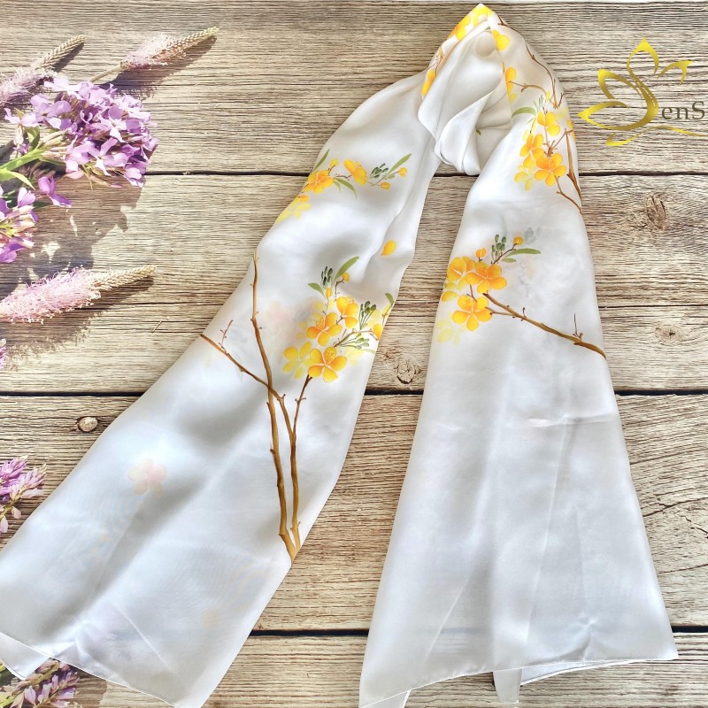 Khăn Quàng Cổ Lụa Tơ Tằm Vẽ Thủ Công Mai Vàng - Hand Painted Silk Scarf