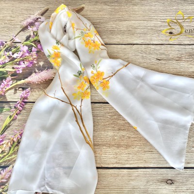 Khăn Quàng Cổ Lụa Tơ Tằm Vẽ Thủ Công Mai Vàng - Hand Painted Silk Scarf