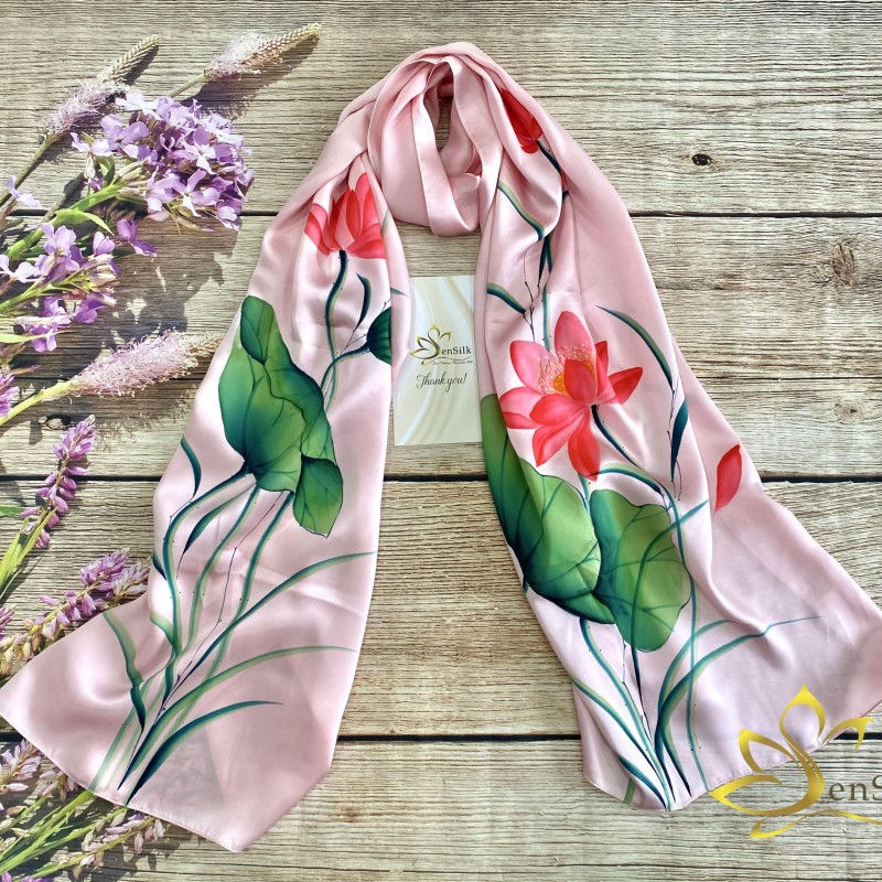 Lotus Silk Scarf Hand Painted - Khăn Lụa Truyền Thống Vẽ Handmade Sen Hồng