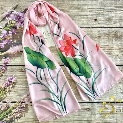 Lotus Silk Scarf Hand Painted - Khăn Lụa Truyền Thống Vẽ Handmade Sen Hồng