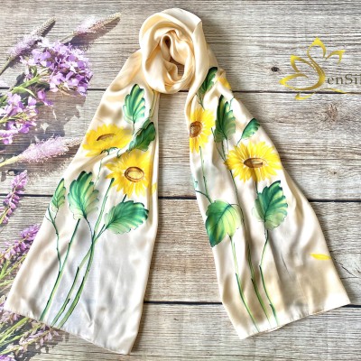 Khăn Lụa Handmade Cao Cấp Vẽ Hoa Hướng Dương SenSilk - Quà Tặng Khách Nhật