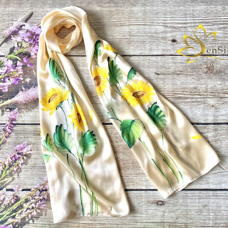 Khăn Lụa Handmade Cao Cấp Vẽ Hoa Hướng Dương SenSilk - Quà Tặng Khách Nhật