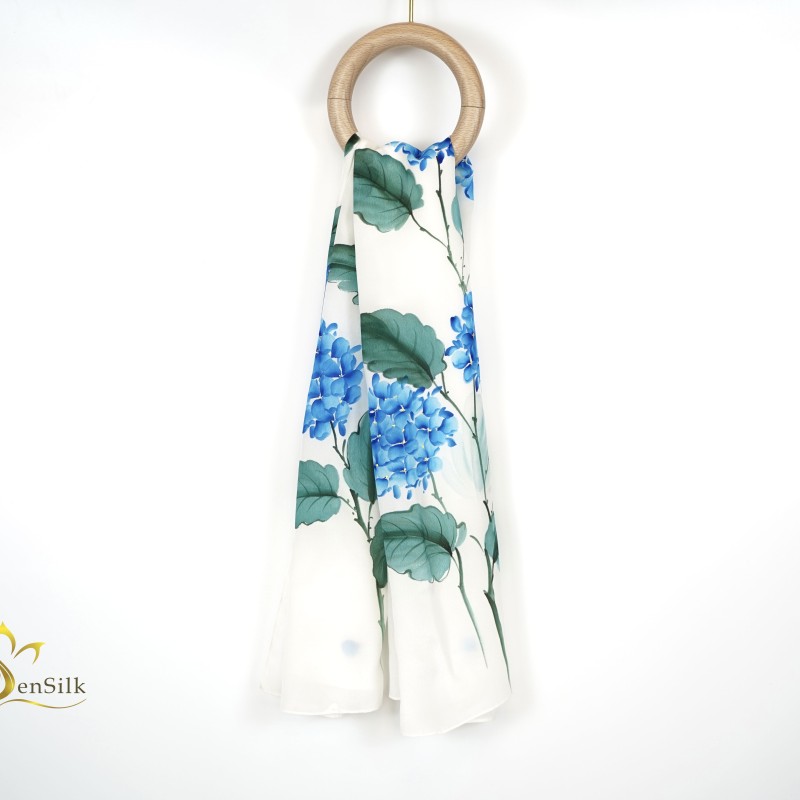 Sen Silk Scarf with Hand Painted - Khăn Quàng Cổ Cao Cấp Cẩm Tú Cầu