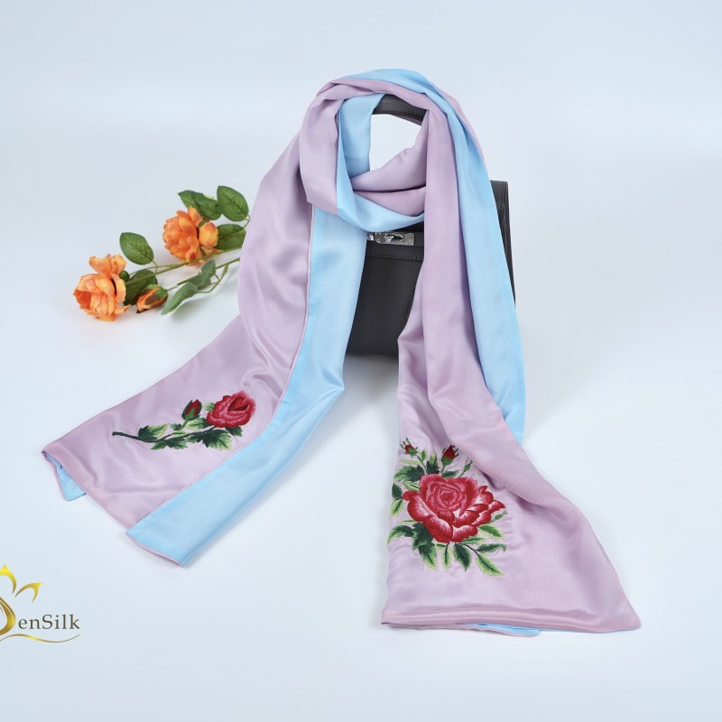 Khăn Lụa Cao Cấp Thêu Tay Hoa Hồng Sen Silk - Quà Lưu Niệm Việt Nam