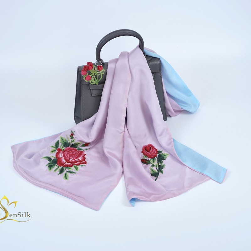 Khăn Lụa Cao Cấp Thêu Tay Hoa Hồng Sen Silk - Quà Lưu Niệm Việt Nam