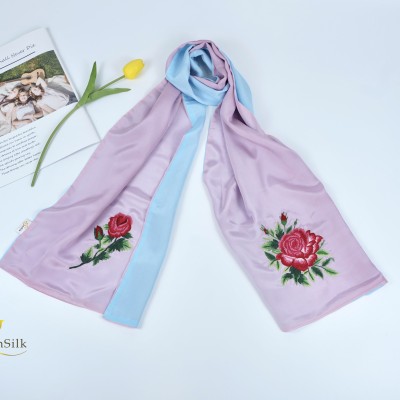 Khăn Lụa Cao Cấp Thêu Tay Hoa Hồng Sen Silk - Quà Lưu Niệm Việt Nam