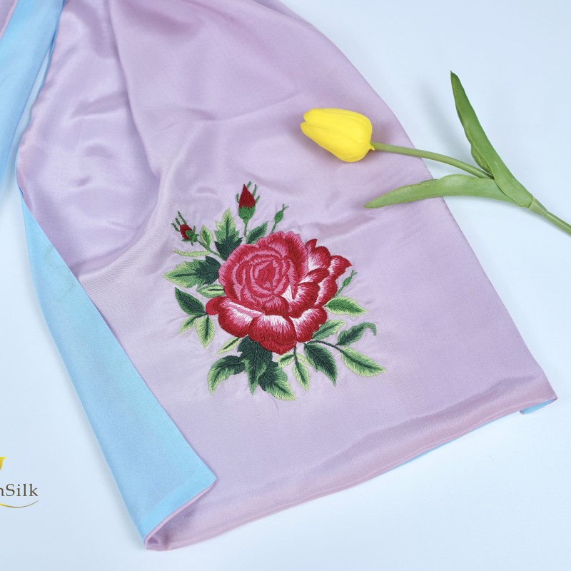 Khăn Lụa Cao Cấp Thêu Tay Hoa Hồng Sen Silk - Quà Lưu Niệm Việt Nam