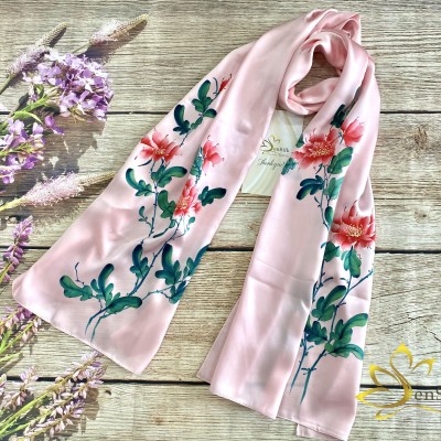 Khăn Lụa Tơ Tằm Cao Cấp Vẽ Hoa Mẫu Đơn (Pink) - Silk Painting Scarf