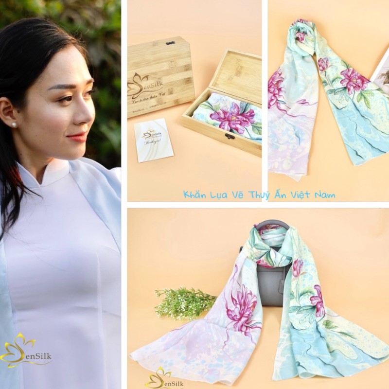 Khăn Lụa Tơ Tằm Thủy Ấn Hoa Mẫu Đơn - SenSilk - Quà Tặng Cao Cấp