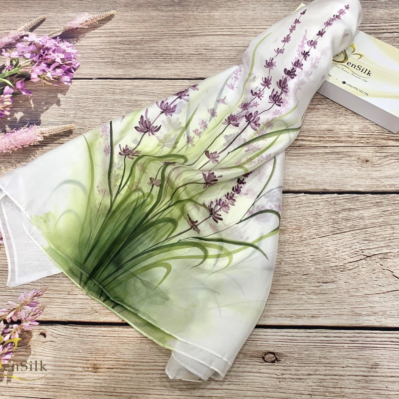 Khăn Lụa Tơ Tằm Thuần Việt Vẽ Tay Hoa Lavender SenSilk