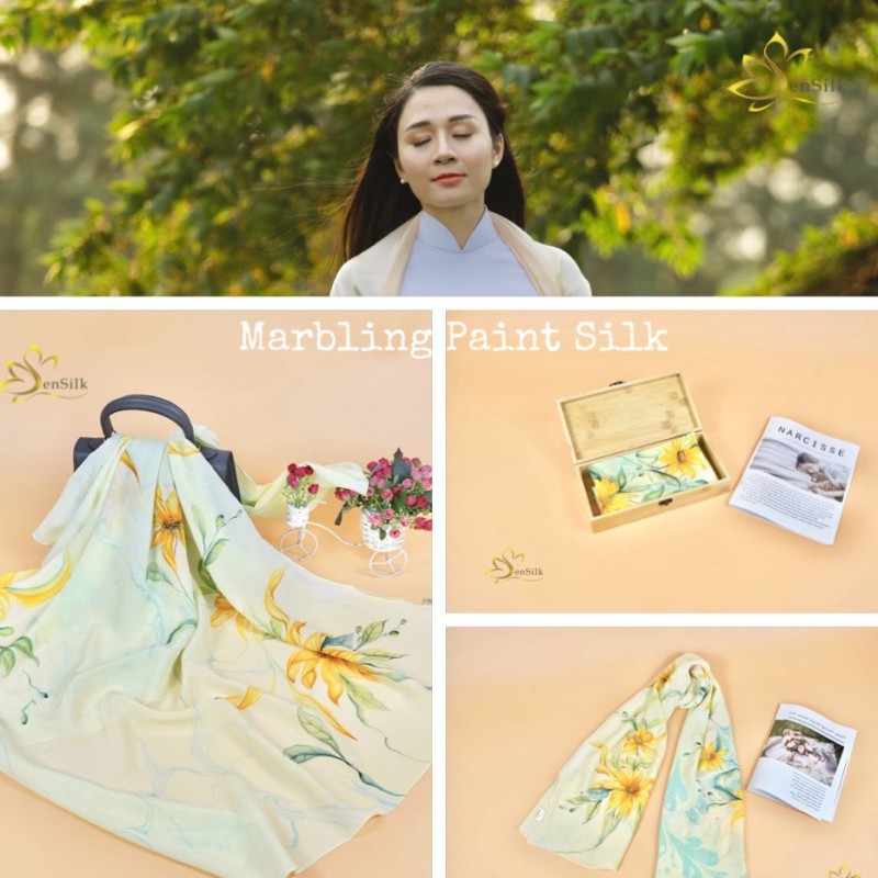 Thủy Ấn Họa Lụa SenSilk Vẽ Tay Dã Quỳ - Water Marbled Silk Scarf