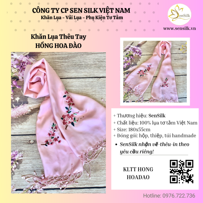 KHĂN LỤA THÊU TAY HOA ĐÀO MÀU HỒNG – DẤU ẤN DUYÊN DÁNG DÀNH CHO PHÁI ĐẸP