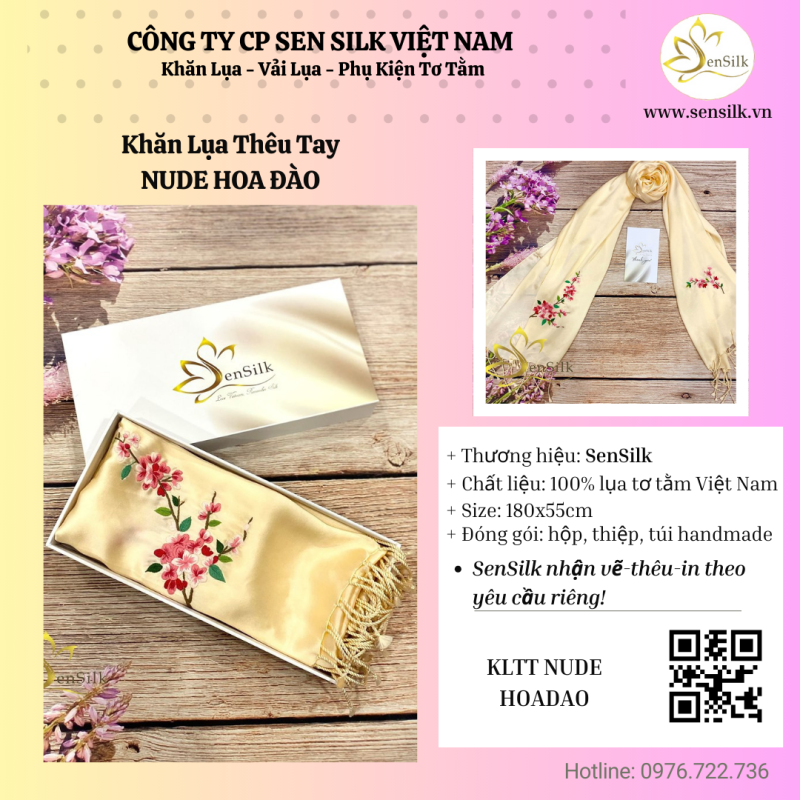 🌸 KHĂN LỤA THÊU TAY HOA ĐÀO MÀU VÀNG NUDE – MÓN PHỤ KIỆN “ĐẮT GIÁ” DÀNH CHO NÀNG 🌸
