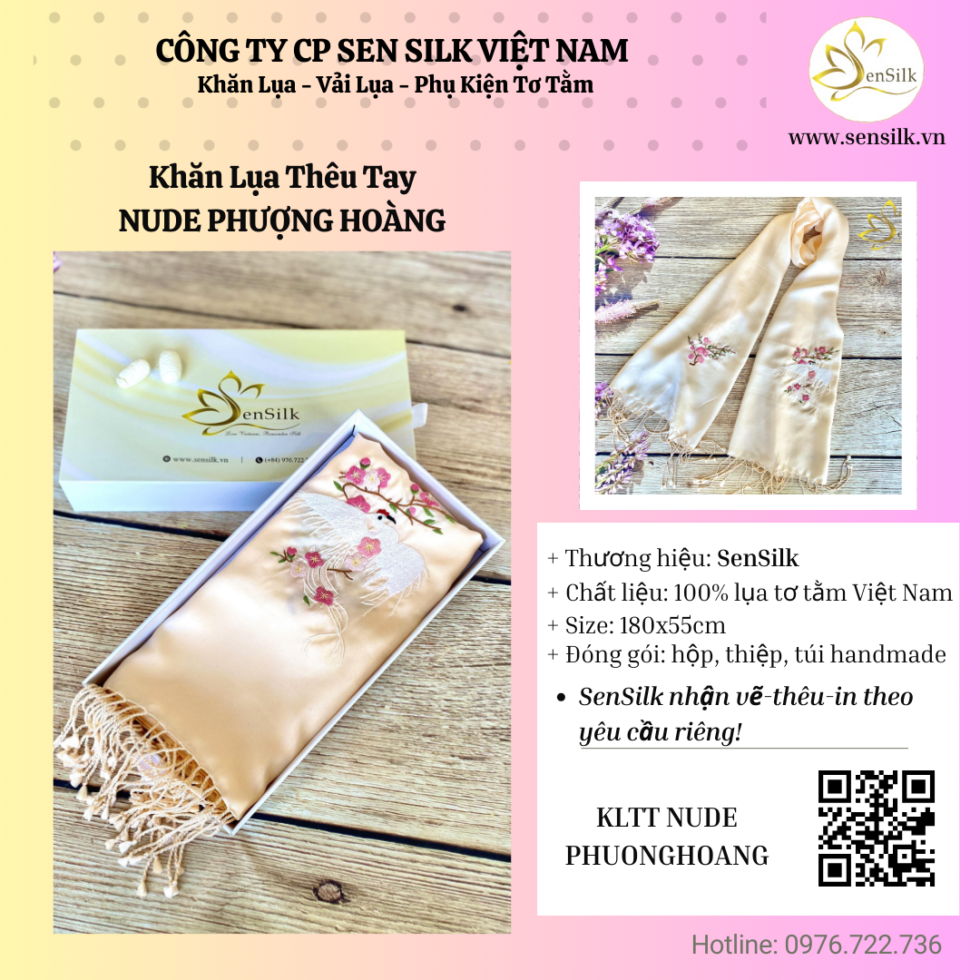 🕊 NÉT QUÝ PHÁI TRÊN KHĂN LỤA THÊU TAY PHƯỢNG HOÀNG & HOA ĐÀO 🕊