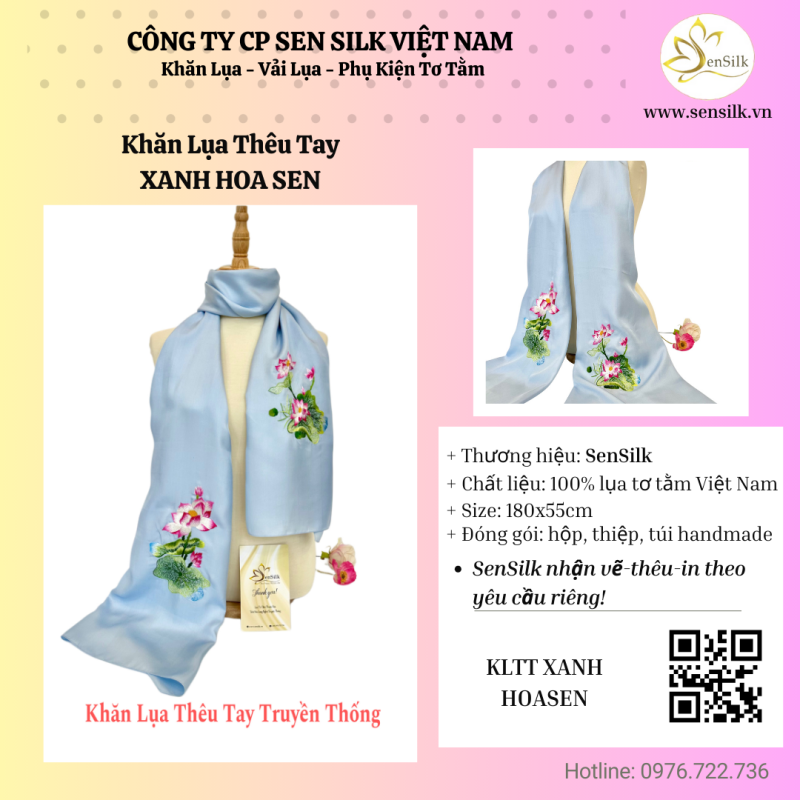 🌸 Khăn Lụa Thêu Tay Xanh Hoa Sen – Món Quà Tri Ân Ý Nghĩa 20/11