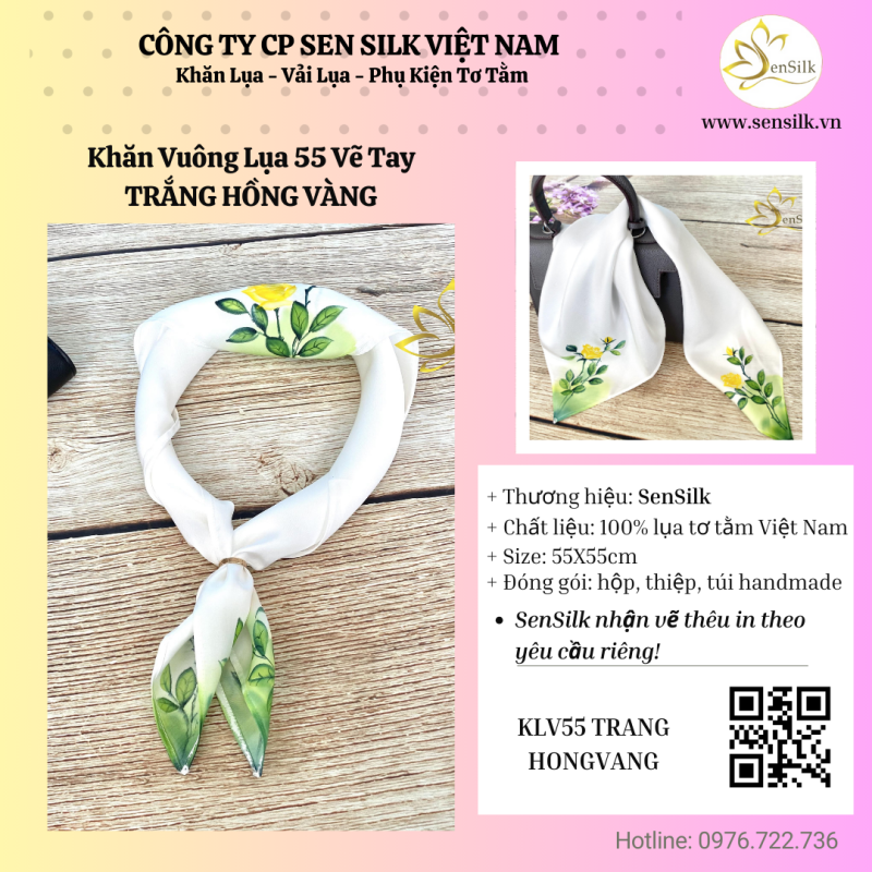 ✨ Khăn lụa vuông vẽ tay hoa Hồng Vàng – Món quà của niềm hạnh phúc ✨