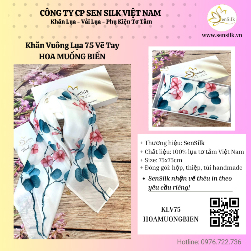 🌺 Khăn Vuông Lụa SenSilk 75x75cm – Họa Tiết Hoa Muống Biển 🌺