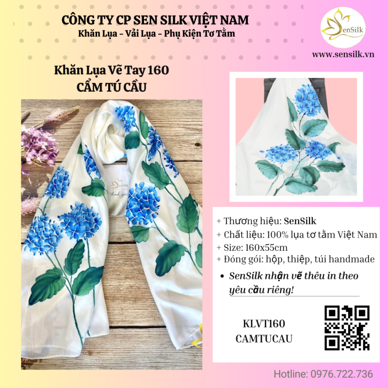 ⭐ MÓN QUÀ QUỐC TẾ TRỌN VẸN: KHĂN LỤA VẼ TAY CẨM TÚ CẦU 160CM SEN SILK