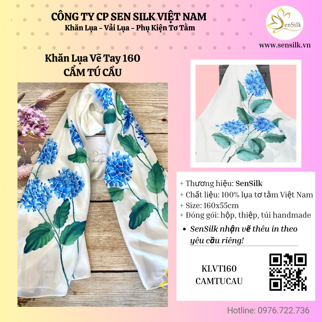 ⭐ MÓN QUÀ QUỐC TẾ TRỌN VẸN: KHĂN LỤA VẼ TAY CẨM TÚ CẦU 160CM SEN SILK