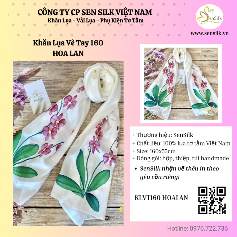 Khăn Lụa Dâu Tằm Vẽ Tay Phong Lan SenSilk - Quà Tặng Sự Kiện