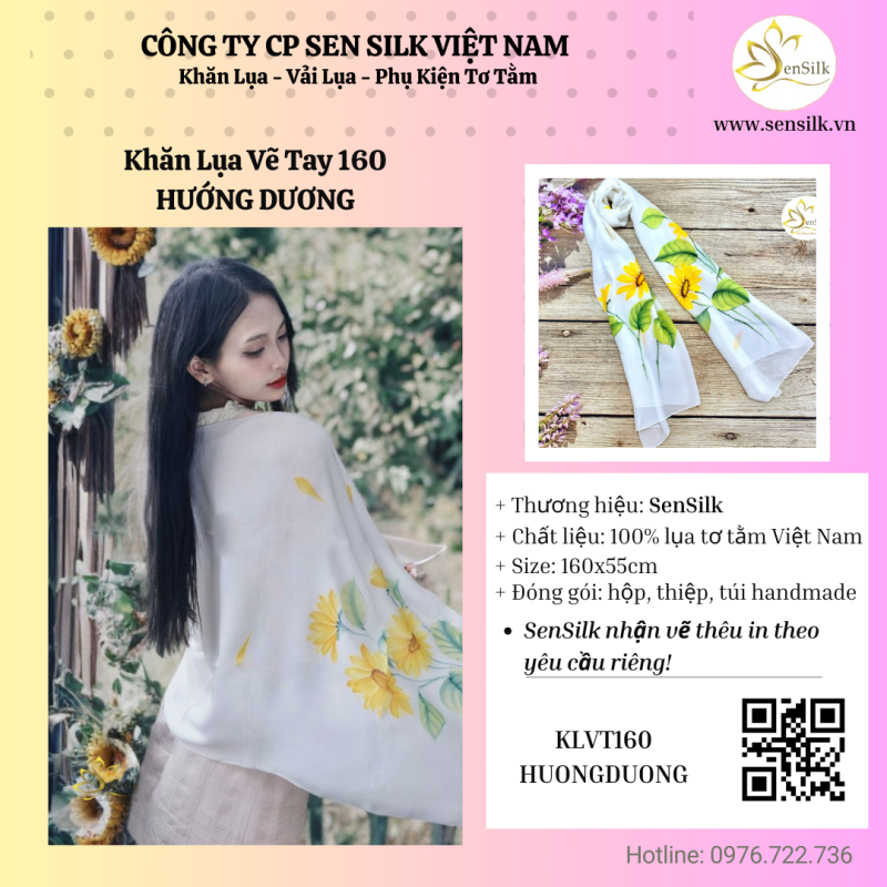 Quà Lưu Niệm Việt Nam - Khăn Lụa Cao Cấp Vẽ Hướng Dương SenSilk