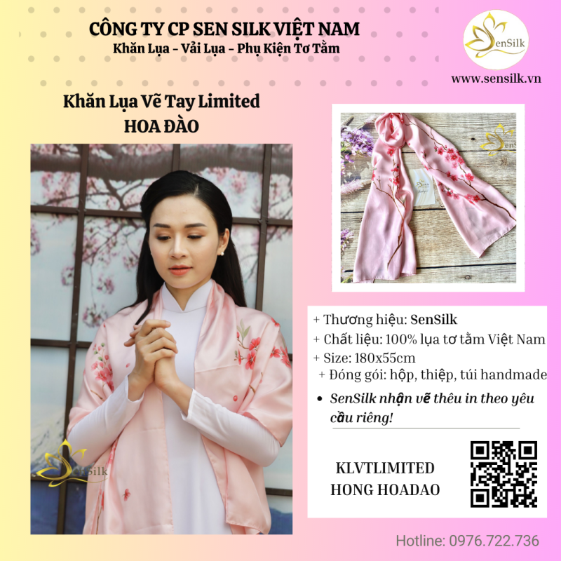 🌸KHĂN LỤA VẼ TAY LIMITED HOA ĐÀO – NÉT XUÂN GỬI TẶNG NGƯỜI PHỤ NỮ YÊU THƯƠNG