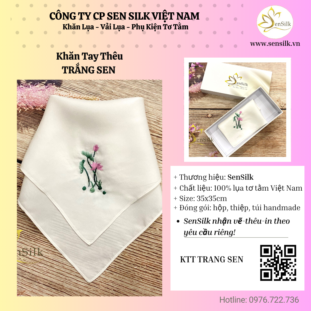 ✨ Khăn Tay Thêu Trắng Sen – Dấu ấn thanh tao từ bông sen Việt ✨