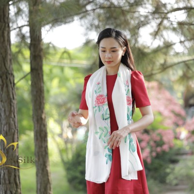 Khăn Lụa Truyền Thống Vẽ Độc Bản Hoa Hồng Sen Silk - Top Vietnam Silk