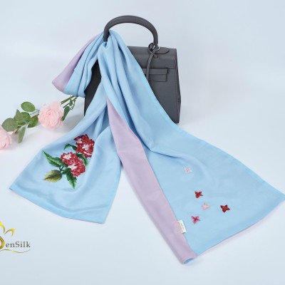 Silk Embroidery by SenSilk Vietnam - Khăn Lụa Dâu Tằm 2 Lớp Thêu Cẩm Tú Cầu