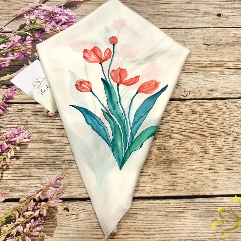 Mulberry Silk Scarf - Khăn Lụa Sen Silk Vẽ Tay Hoa Tulip