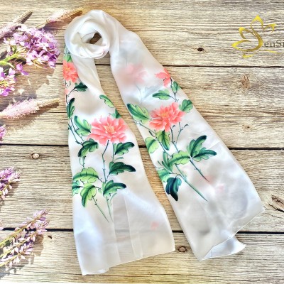 Quà Tặng Sếp Nữ - Khăn Lụa Handmade Vẽ Tay Mẫu Đơn Sen Silk