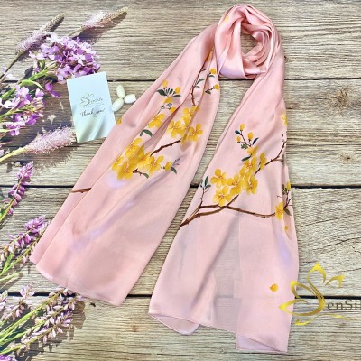 Khăn Lụa Độc Bản Vẽ Mai Vàng Sen Silk - Quà Tặng Phú Quý