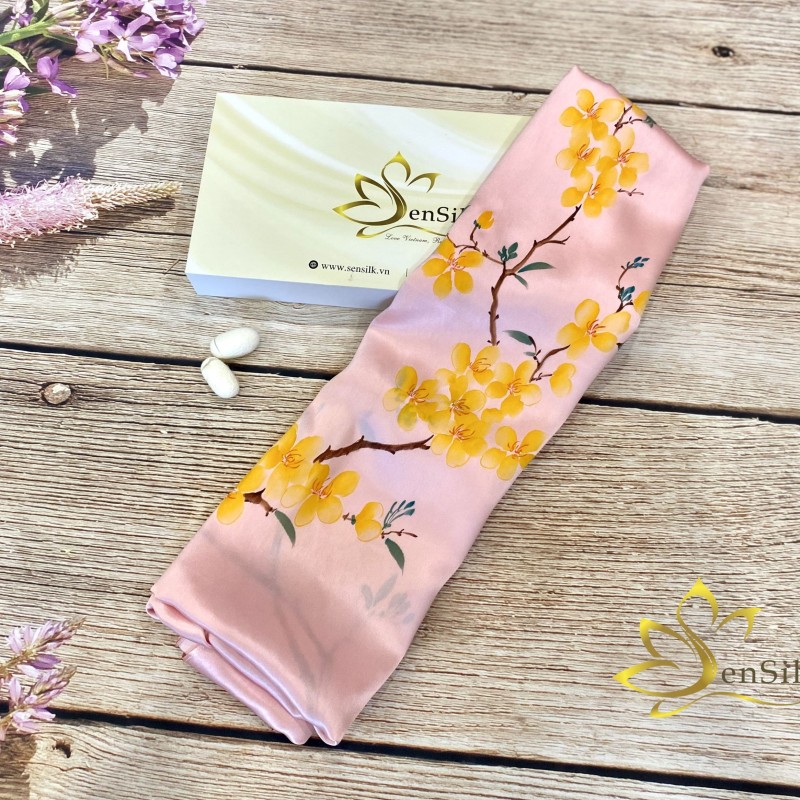 Khăn Lụa Độc Bản Vẽ Mai Vàng Sen Silk - Quà Tặng Phú Quý