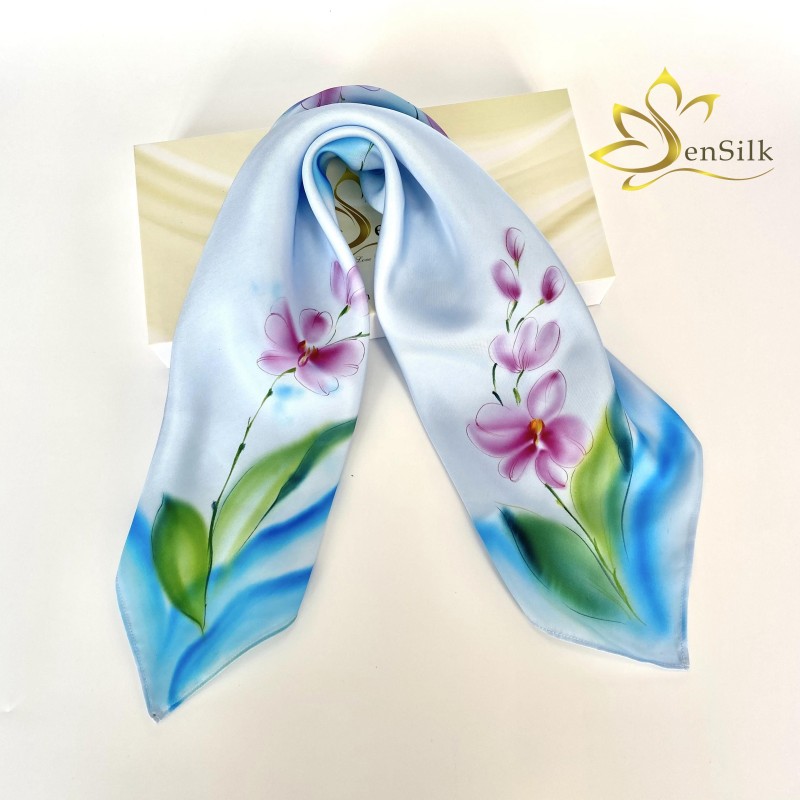 Khăn Lụa Vuông Đồng Phục Công Sở Nữ Vẽ 3D Hoa Lan Sen Silk