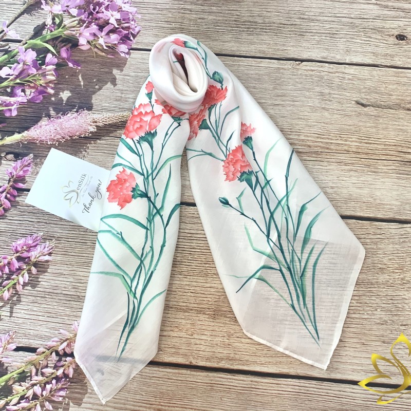 Khăn Lụa Bảo Lộc Vuông Vẽ Cẩm Chướng (Đỏ) - Hand Painted Silk