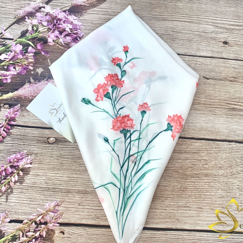 Khăn Lụa Bảo Lộc Vuông Vẽ Cẩm Chướng (Đỏ) - Hand Painted Silk