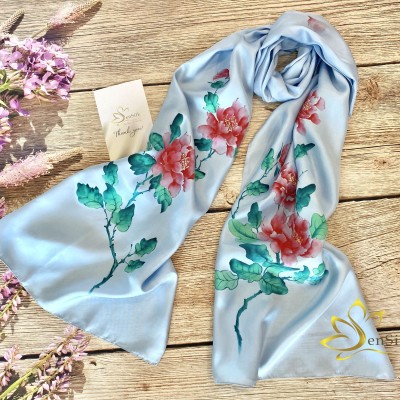 Peony Silk Painting Scarf - Khăn Lụa Thuần Việt Vẽ Mẫu Đơn SenSilk