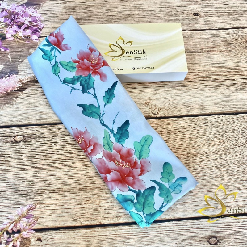 Peony Silk Painting Scarf - Khăn Lụa Thuần Việt Vẽ Mẫu Đơn SenSilk