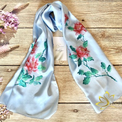 Peony Silk Painting Scarf - Khăn Lụa Thuần Việt Vẽ Mẫu Đơn SenSilk