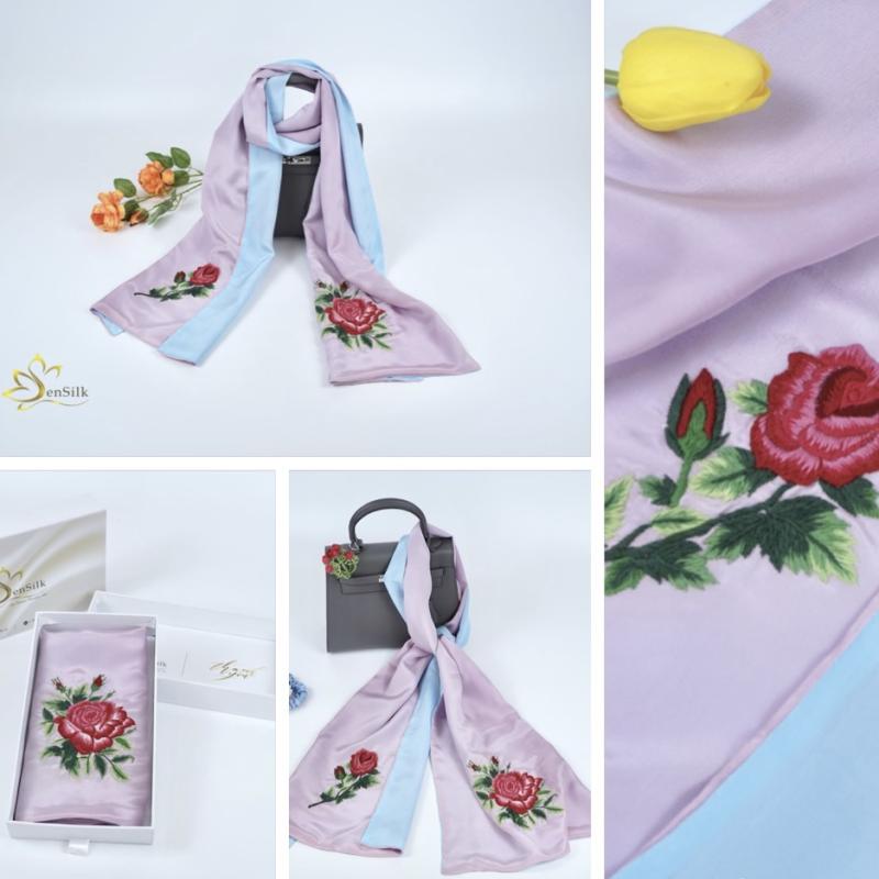 ✨ Khăn lụa thêu tay hai màu Hoa Hồng – Tình yêu gửi trong từng sợi lụa ✨