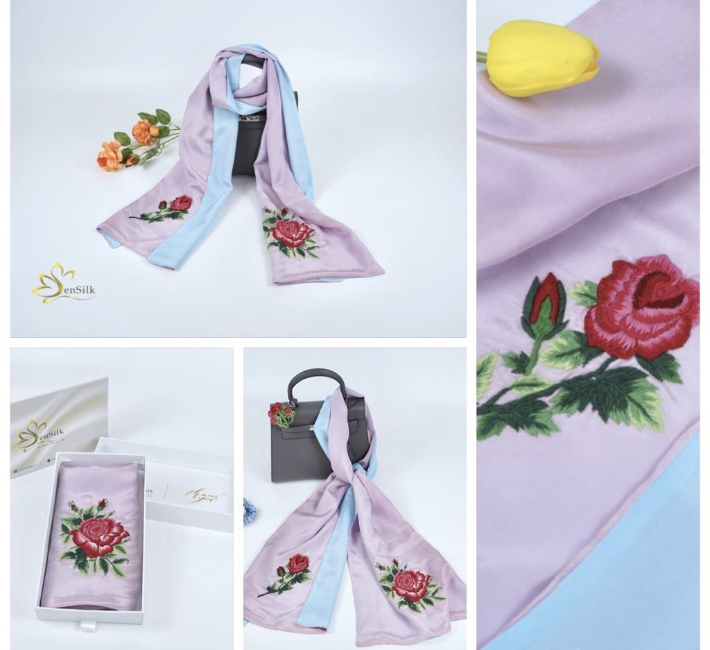 ✨ Khăn lụa thêu tay hai màu Hoa Hồng – Tình yêu gửi trong từng sợi lụa ✨