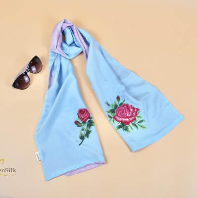 Khăn Lụa Tơ Tằm 2 Màu Thêu Tay Hoa Hồng - Embroidered Silk Scarf