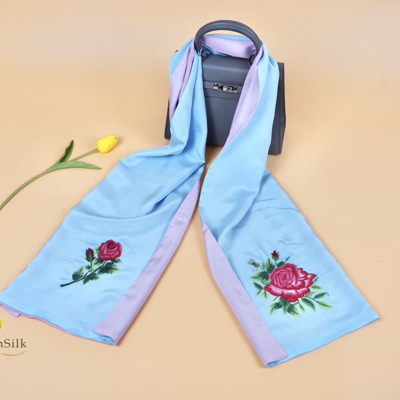 Khăn Lụa Tơ Tằm 2 Màu Thêu Tay Hoa Hồng - Embroidered Silk Scarf