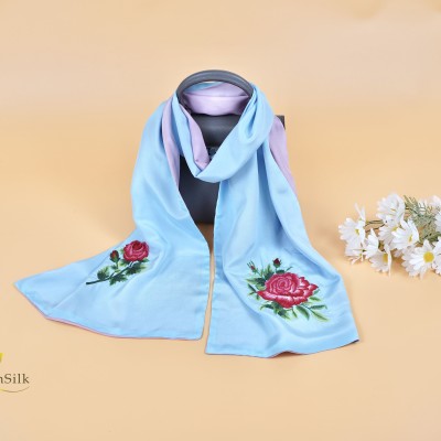 Khăn Lụa Tơ Tằm 2 Màu Thêu Tay Hoa Hồng - Embroidered Silk Scarf