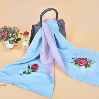 Khăn Lụa Tơ Tằm 2 Màu Thêu Tay Hoa Hồng - Embroidered Silk Scarf